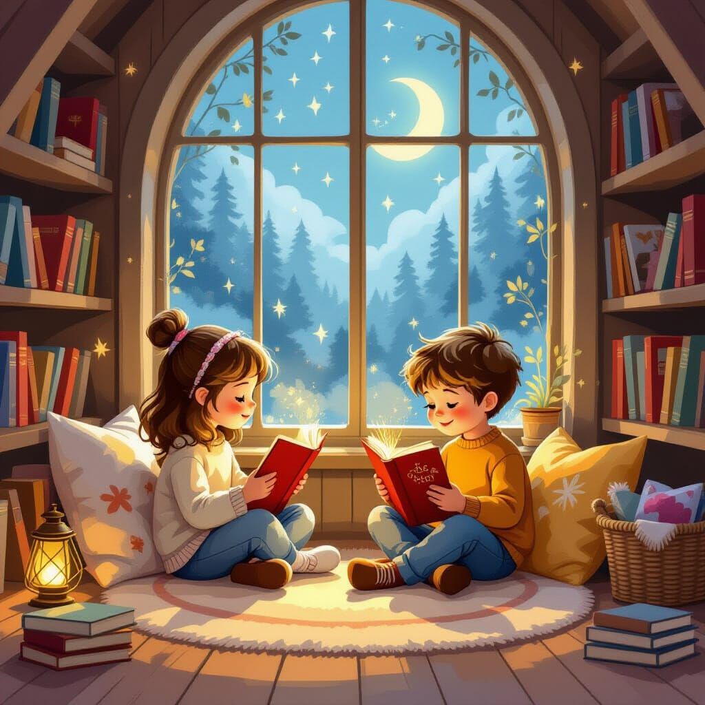 Whimsical Children Imagining Worlds in Cozy Reading Nook