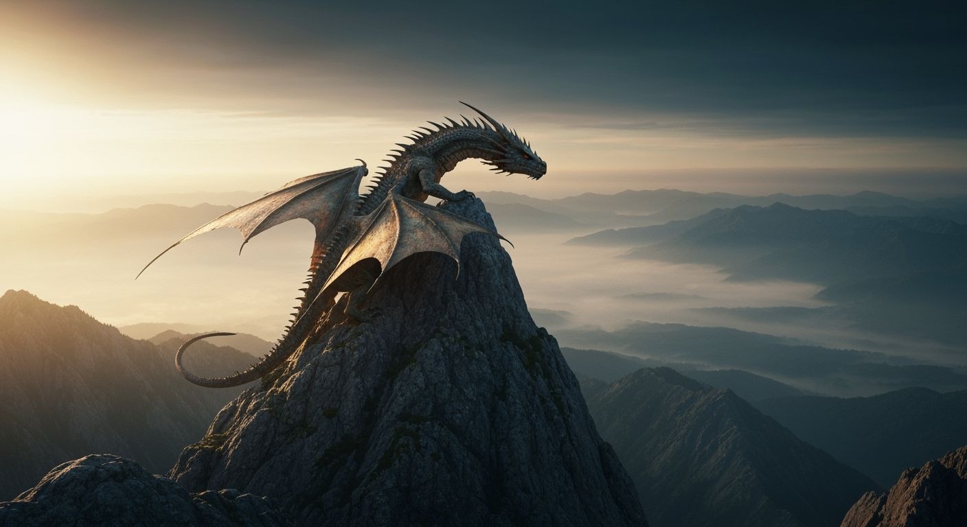 Ancient Dragon Overlooking Misty Valley at Dawn