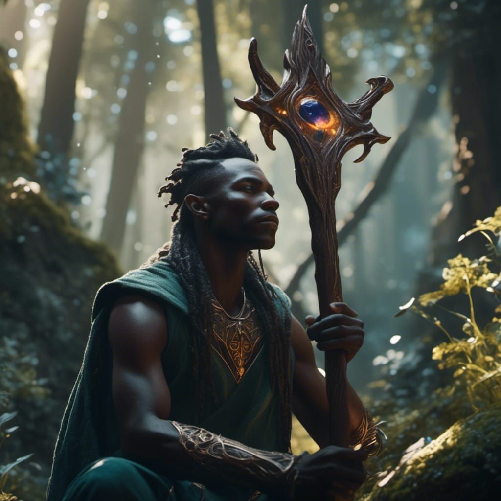 Elven Man with Crystal Staff Fantasy Art