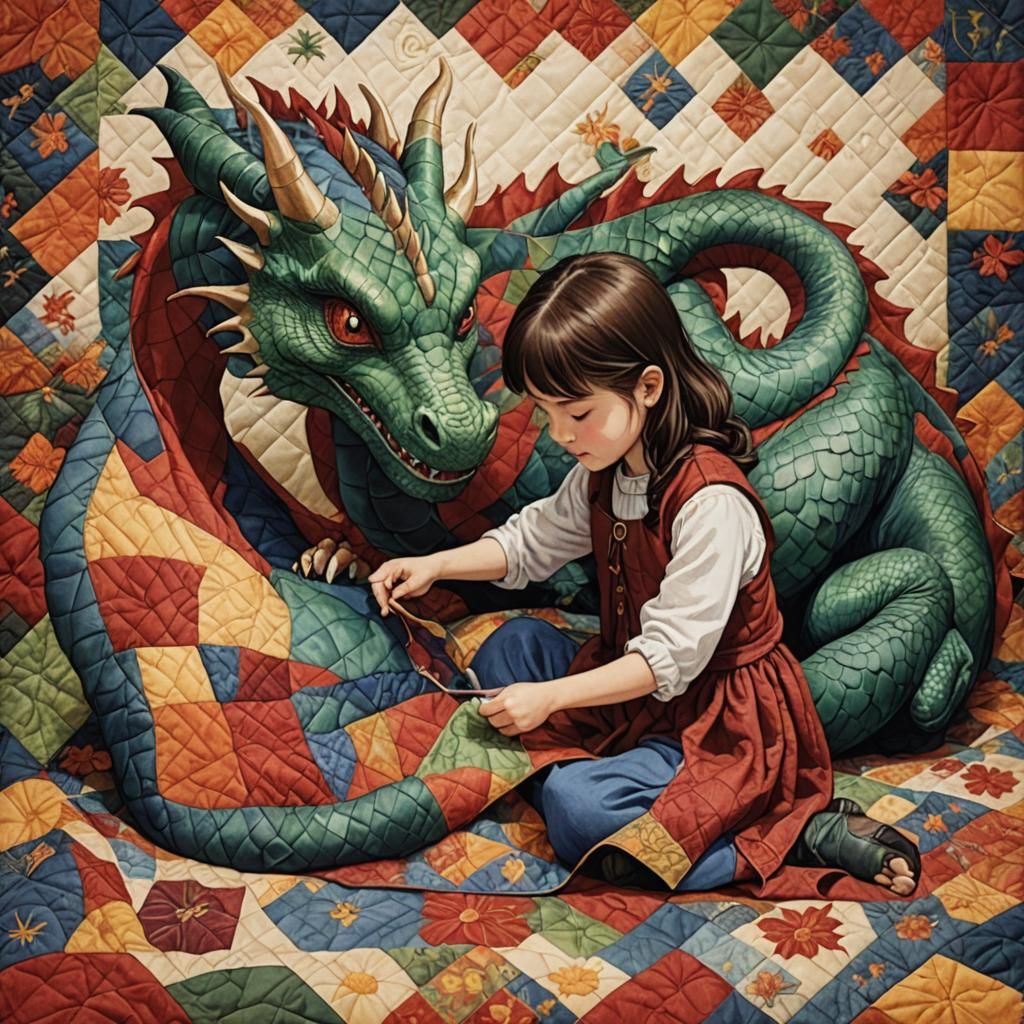 Girl Petting Dragon on Quilt Image