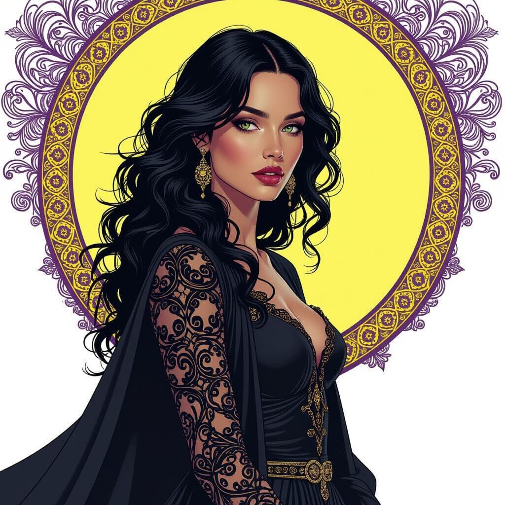 A charcoal medium shot of a woman with dark curly hair by T ...