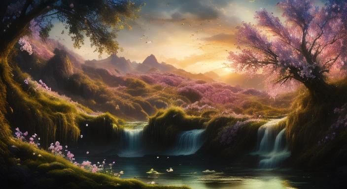 Picturesque Forest Scene with Waterfall and Wildlife