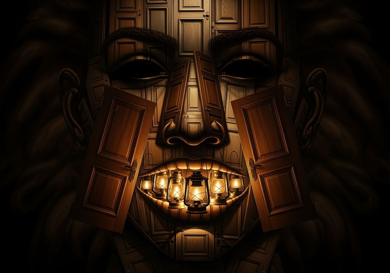 Baroque Surrealist Face Composed of Antique Wooden Doors