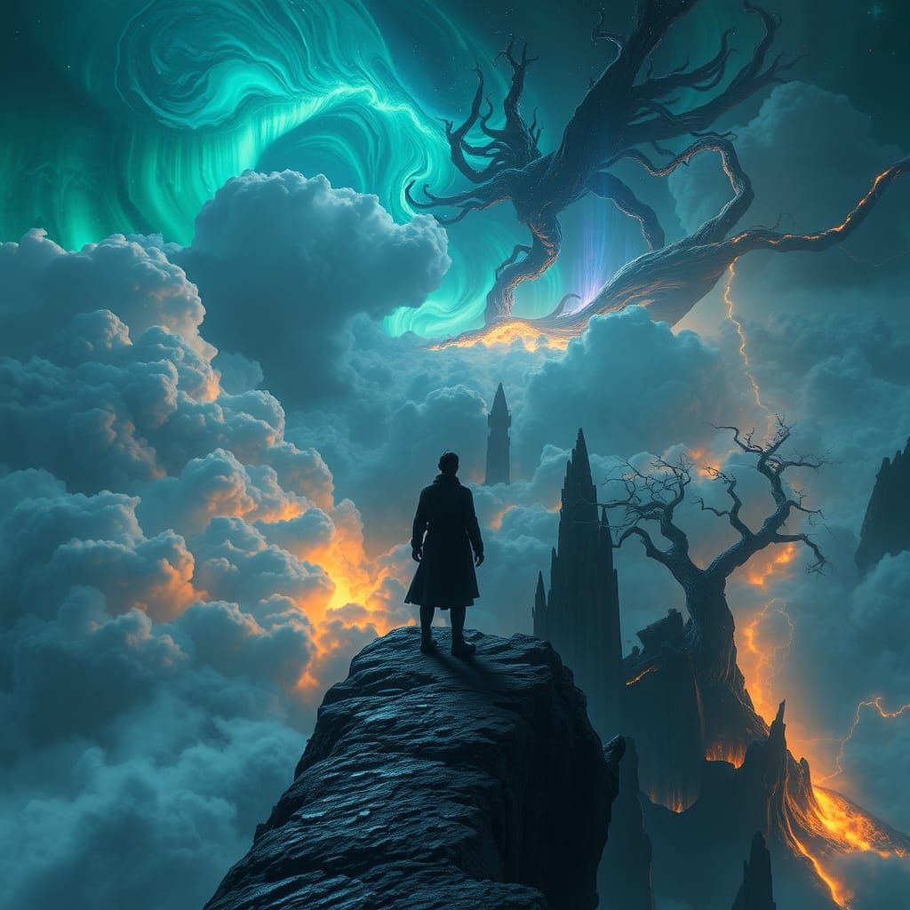 Mystical Precipice Unveiled in Swirling Clouds and Shimmerin...