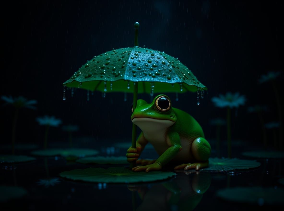 Adorable Frog Hides From Rain Under Lilypad in Dark Forest