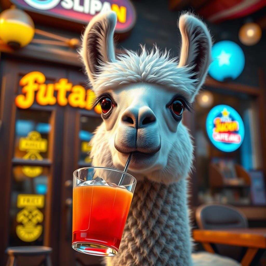 Whimsical Llama Sips Drink Outside Cozy Restaurant