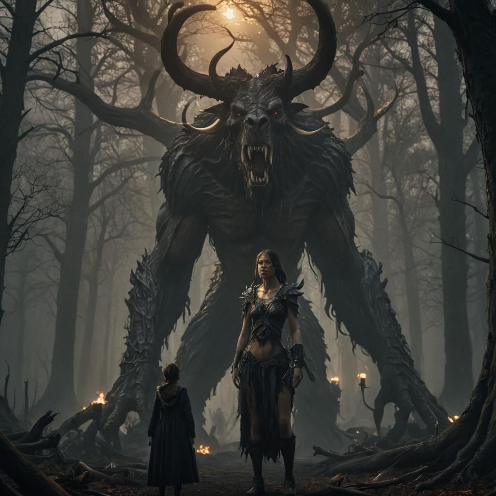 Talia Confronts Embermaw in Dark Fantasy Forest