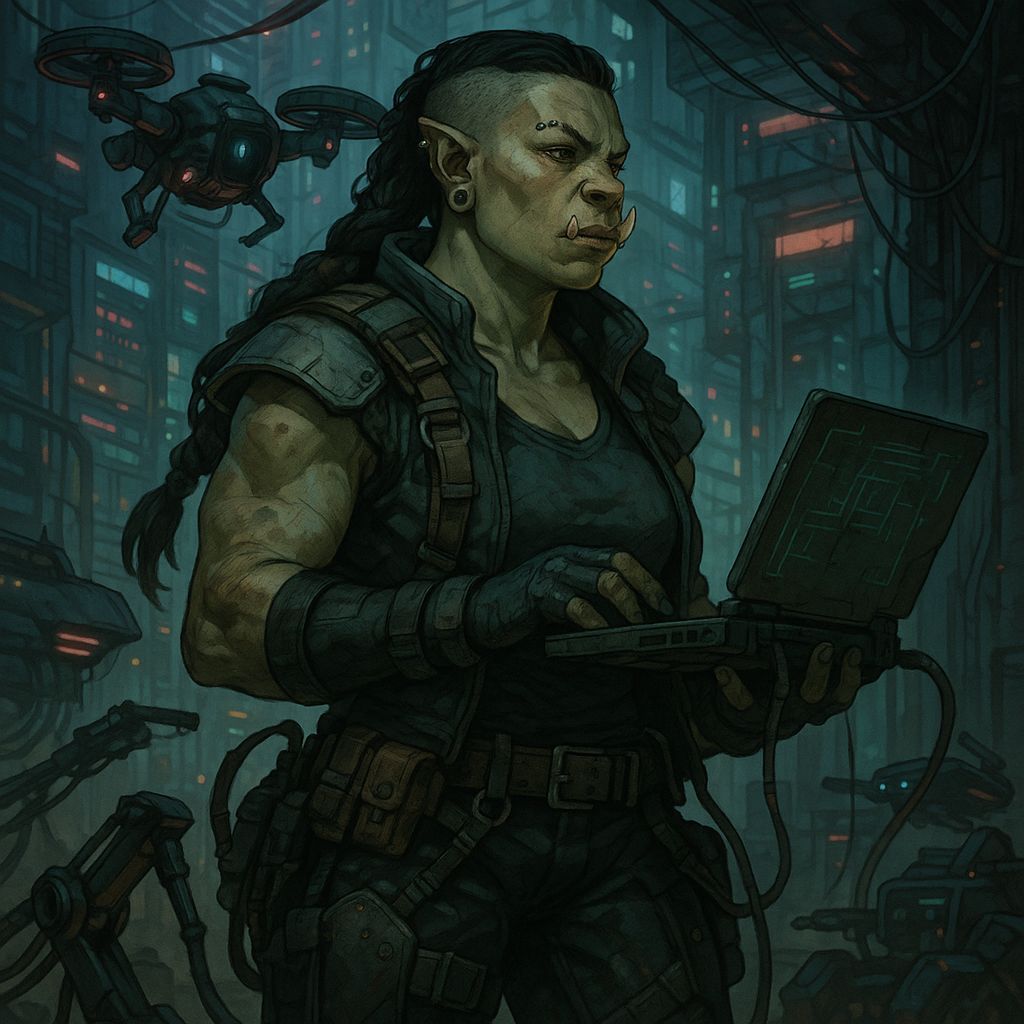 Shadowrun Female Ogre Rigger in Cyberpunk Style