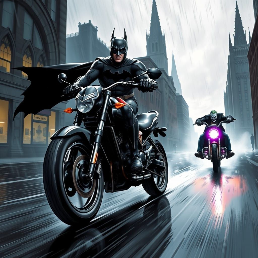 Batman Speeds Through Rainy Gotham in Dark Art Deco Motorcyc...