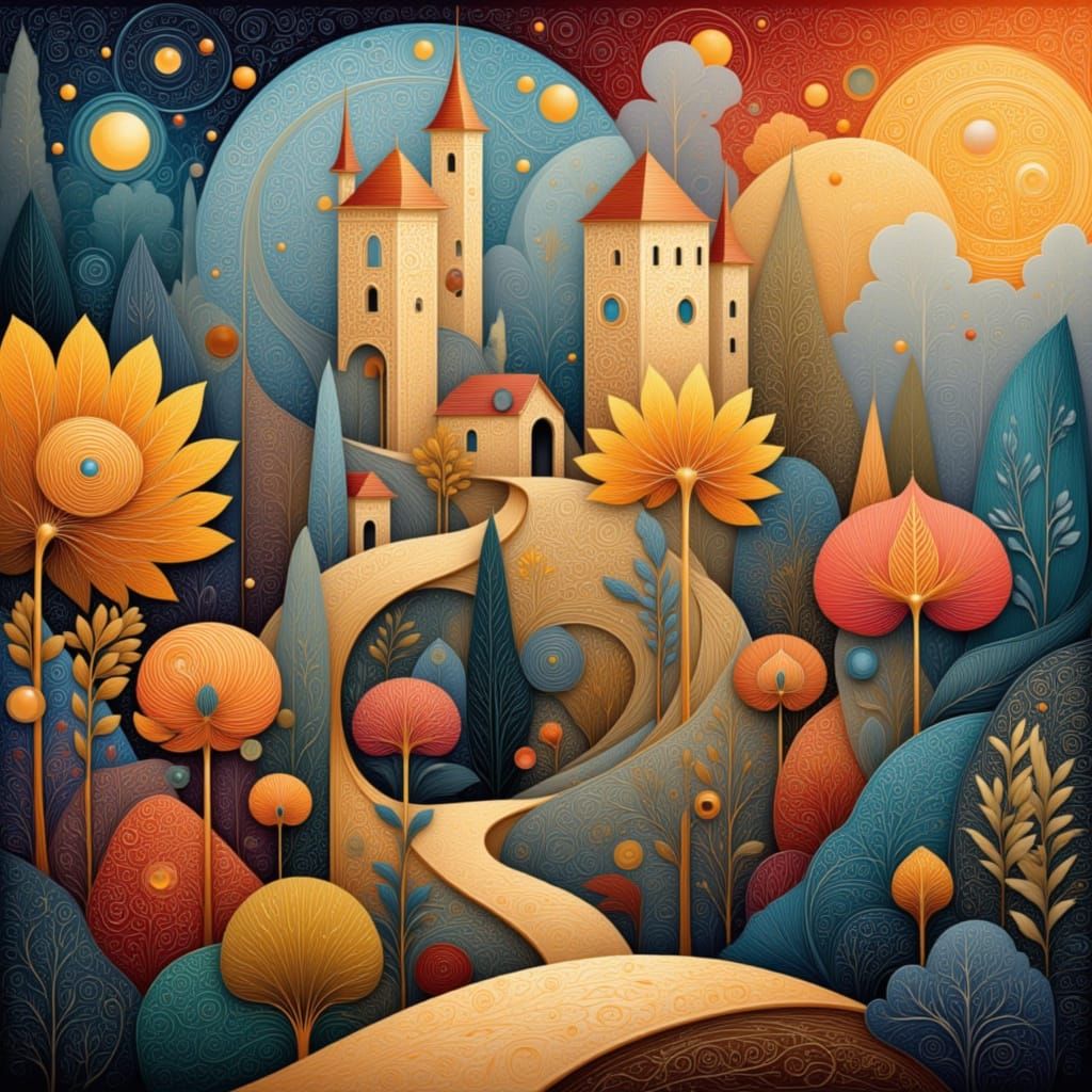 Medieval Castle with Folk Art Nouveau Patterns