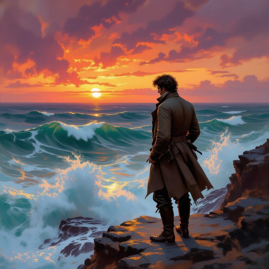 A solitary man in rustic 19th-century attire stands on winds...