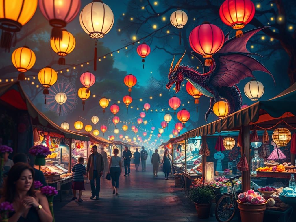 Dreamlike Night Market Scene with Mythical Creatures