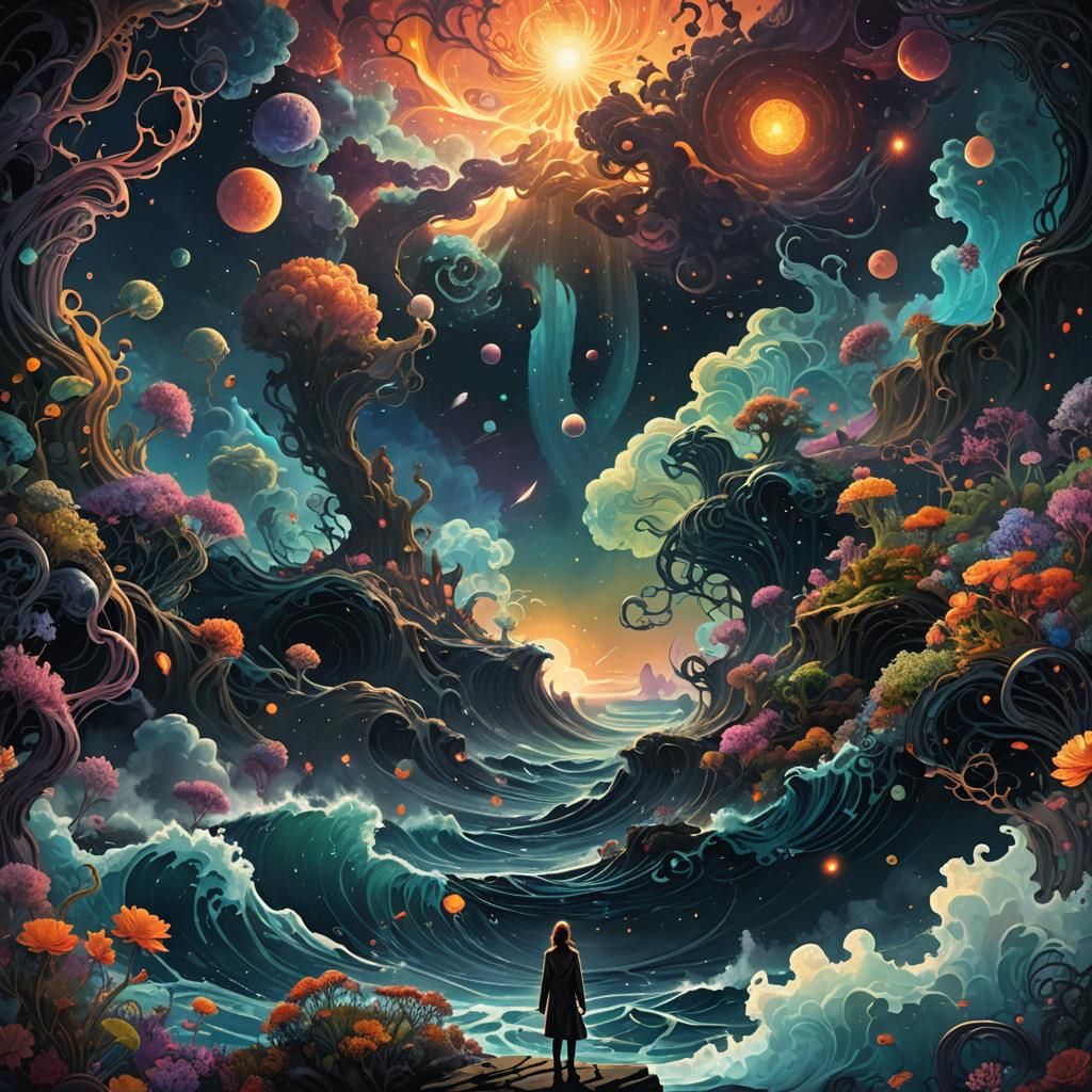 Surreal Art Nouveau Figure in Cosmic Landscape