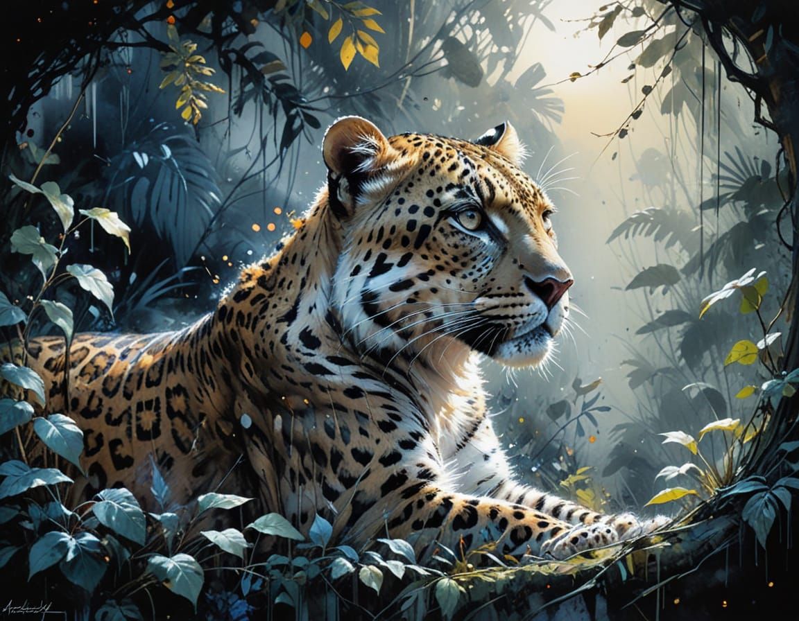 Moonlit Leopard Prowls in Watercolor Jungle
