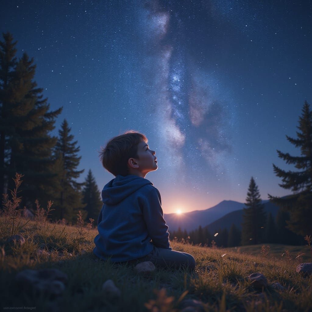 Child Watches Meteor Shower in Hyperdetailed Portrait