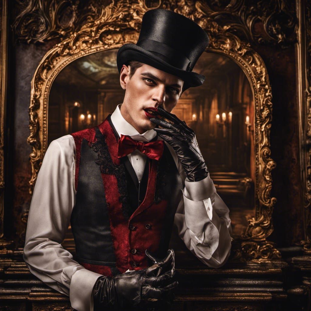 Diabolic Vampire with Fangs in Ethereal Dark Cellar