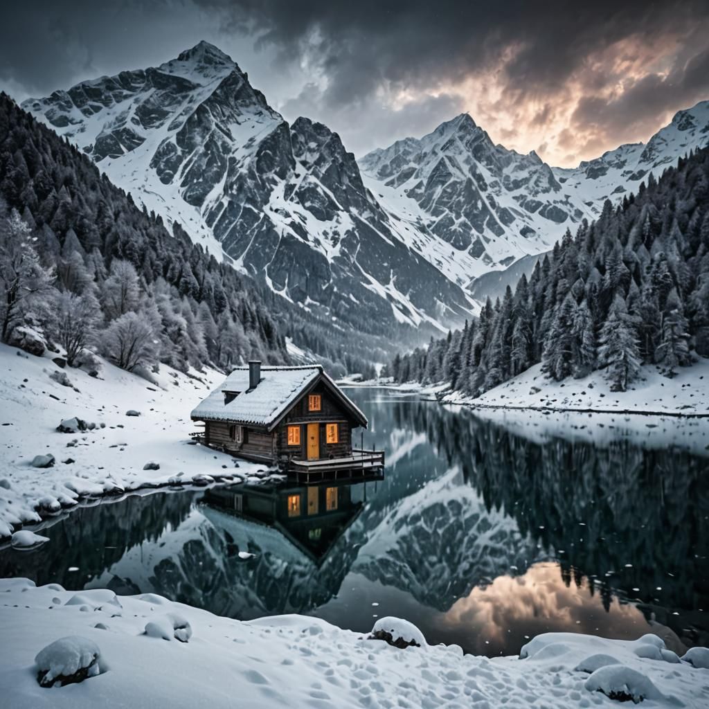Winter Alps: Frozen Lake and Cozy Hut