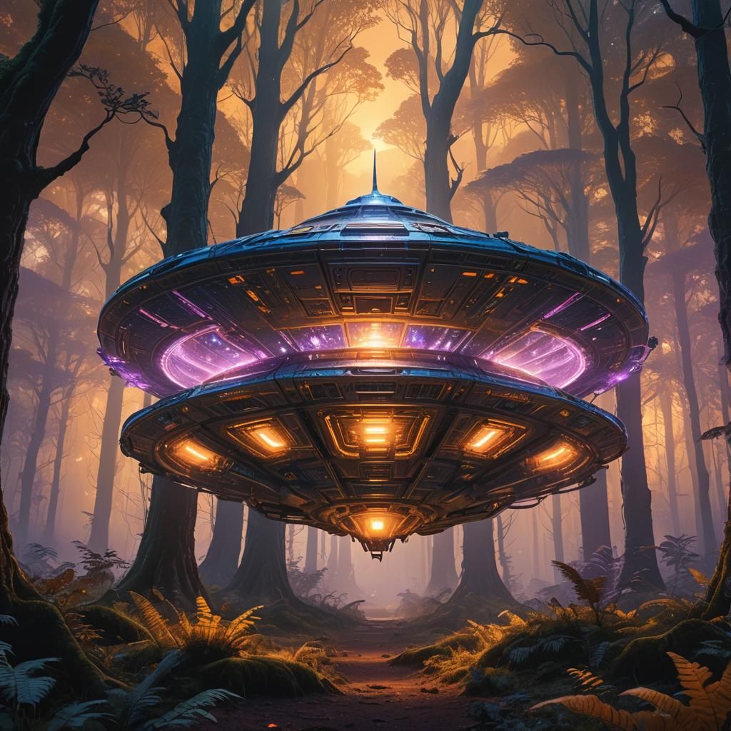 Alien Spaceship Landing in Mystical Forest at Dusk