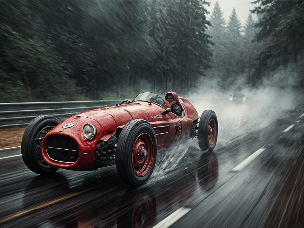 Red Race Car in Monochromatic Realism