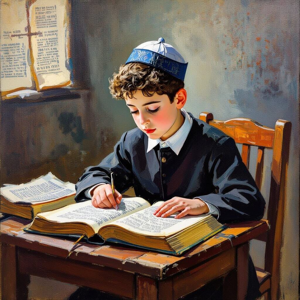 Boy Studies Torah in Expressionist Style