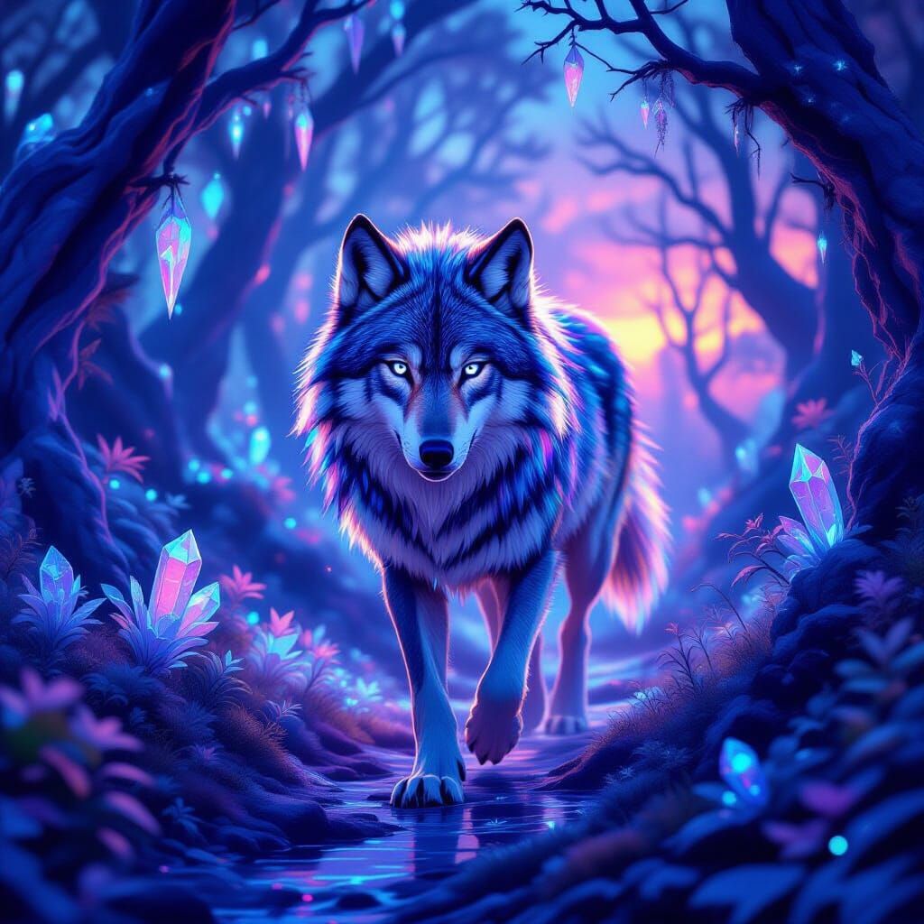 Bioluminescent Wolf in Alien Forest at Twilight