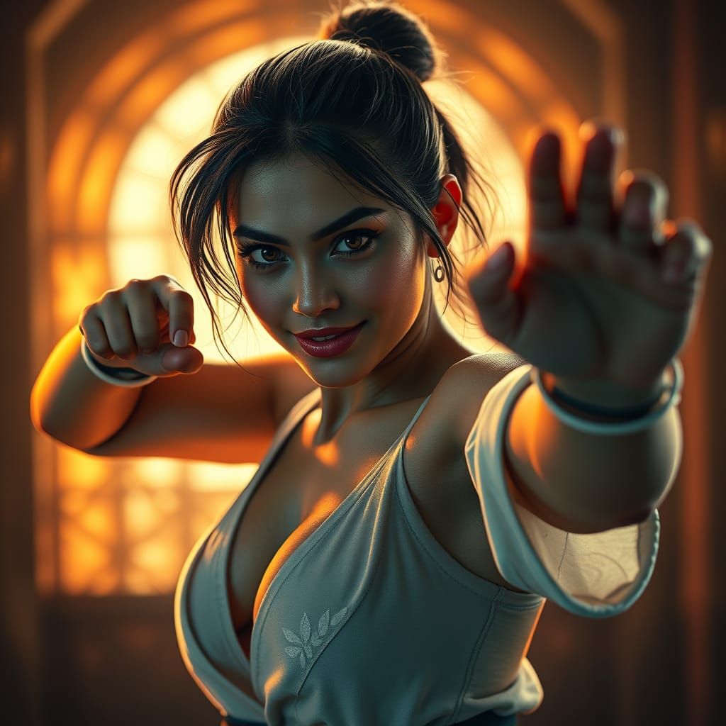 Confident Karate Woman: Cinematic Digital Art Portrait