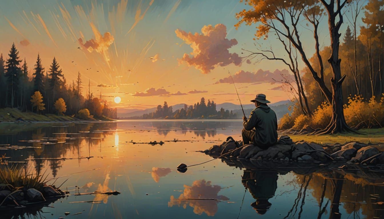 Surrealist Fishing Scene in Vibrant Oil Painting Style