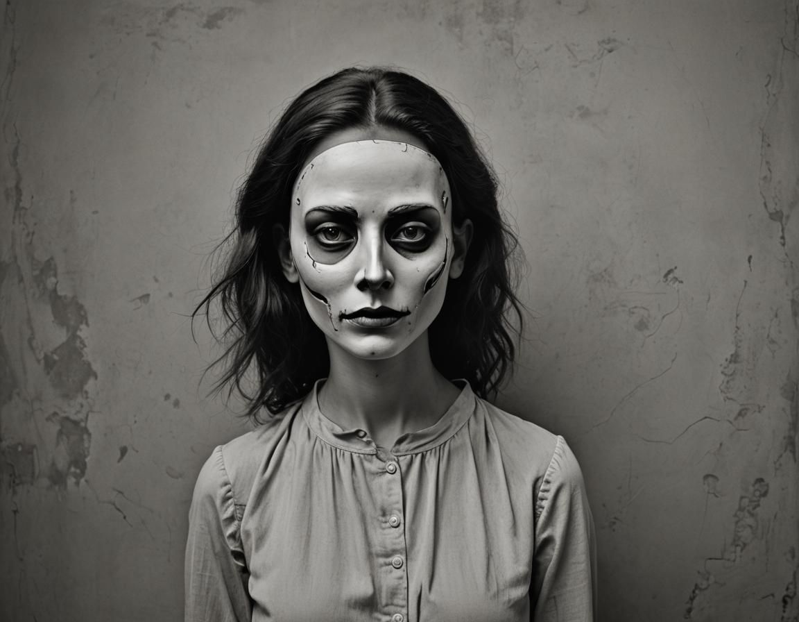 Girl with Death Mask (She Plays Alone) in the style of Annie Leibovitz