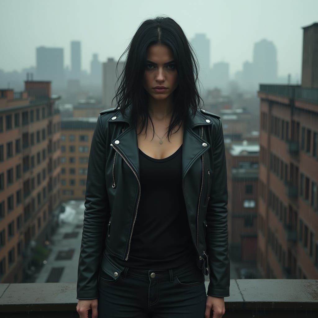 Angry Woman in Black Leather on Rooftop