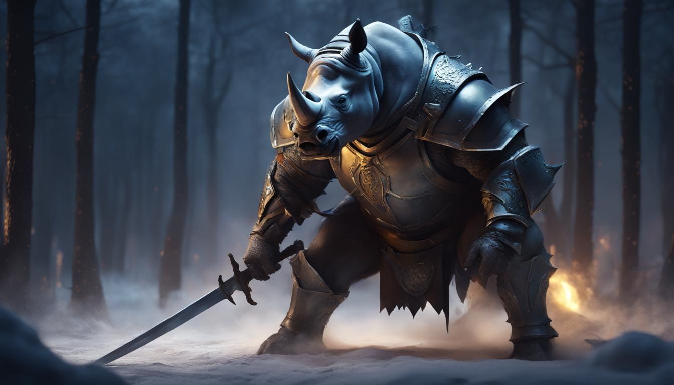 Rhino Knight Battles Wolves in Blizzard