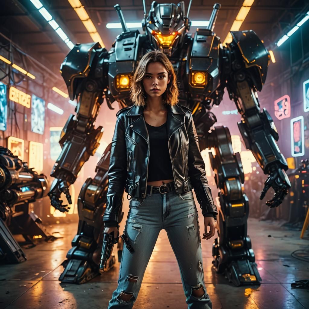 Girl on Robot in Futuristic Hall: Cinematic Portrait