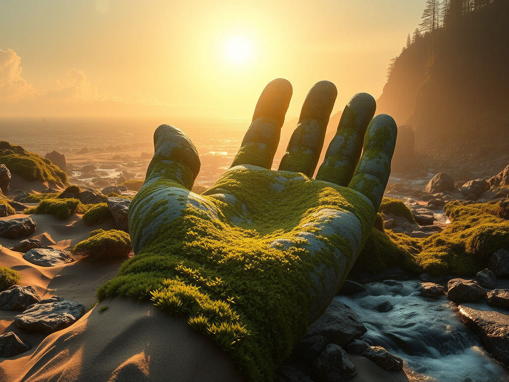 Surreal Landscape with Stone Hand and Flowing Rivers