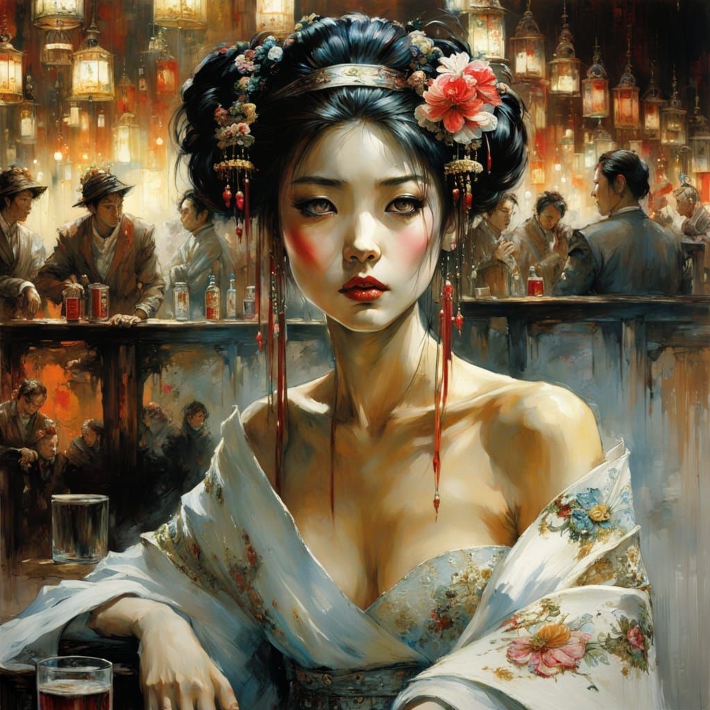 Dark Fantasy Geisha in a Bar, Hyper Detailed, Intricate