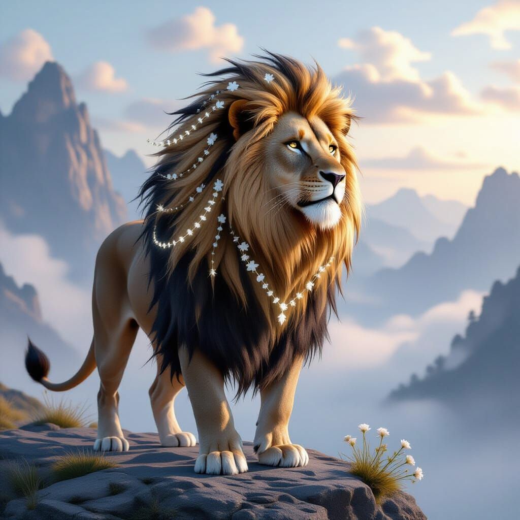 Braided Lion Overlooking Misty Valley at Dawn