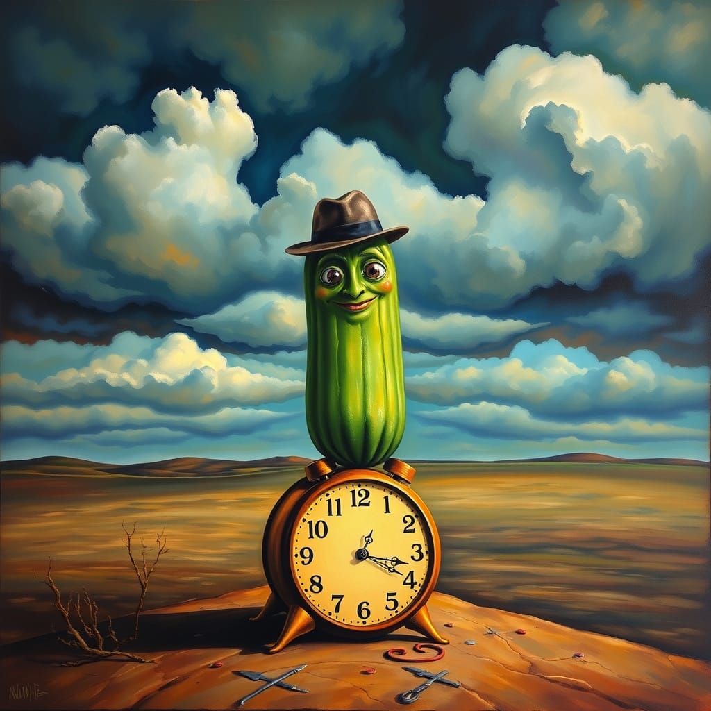 Surrealist Cucumber in Bowler Hat on Melting Clock