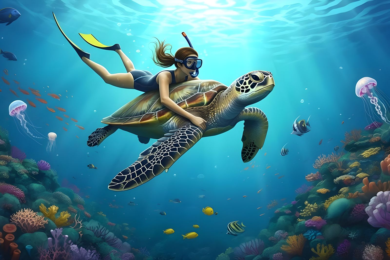 Snorkeler Rides Sea Turtle in Impressionistic Underwater Sce...