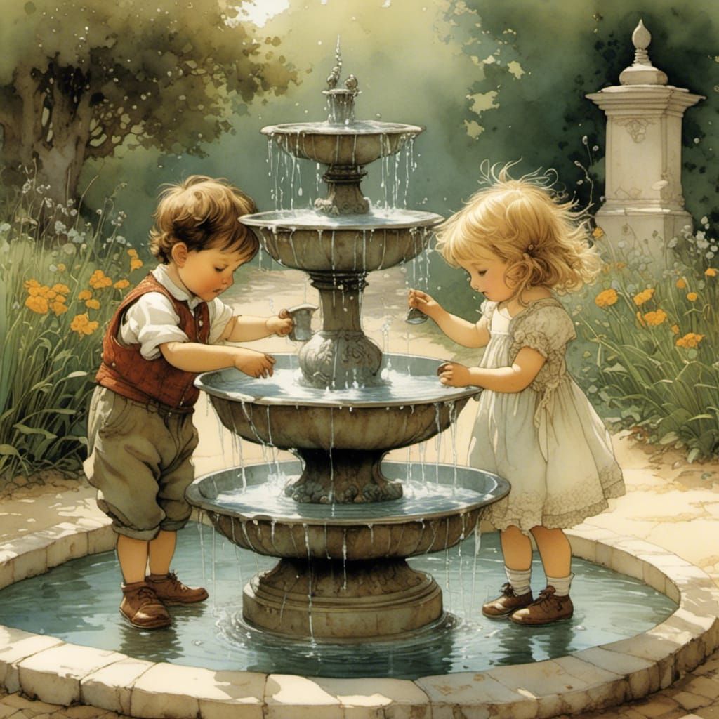 Toddler and Water Fountain in Nostalgic Style