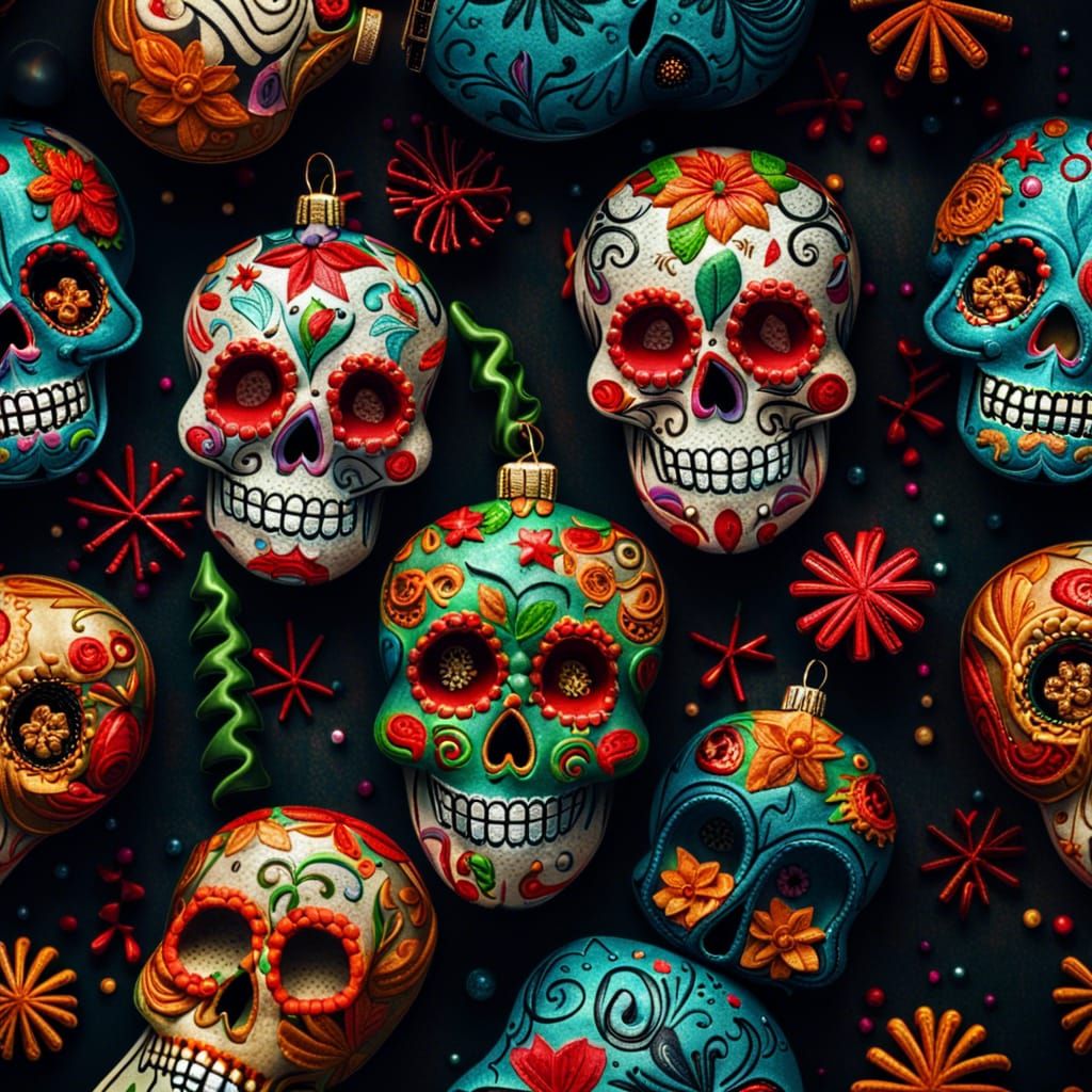 Intricate Sugar Skull Christmas in Hyperrealistic Style