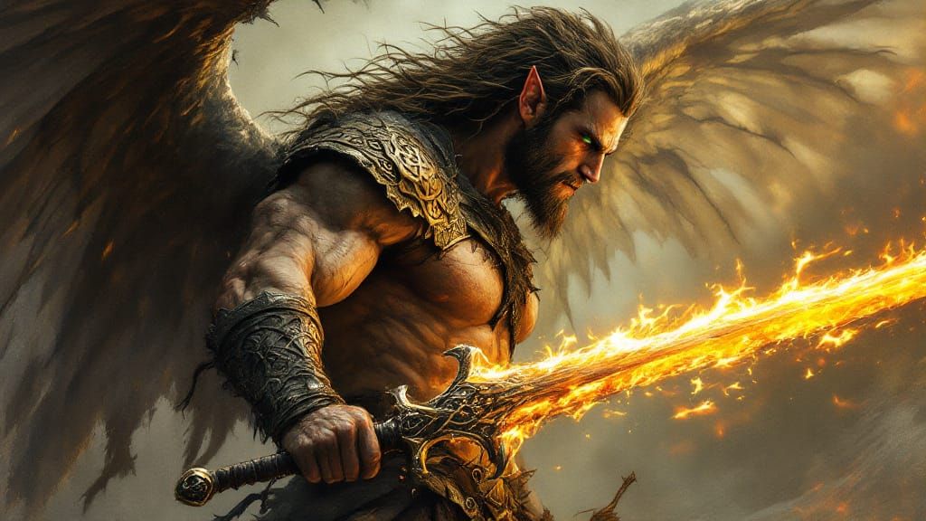 Celtic Warrior Angel Clad in Tattered Leather Armor