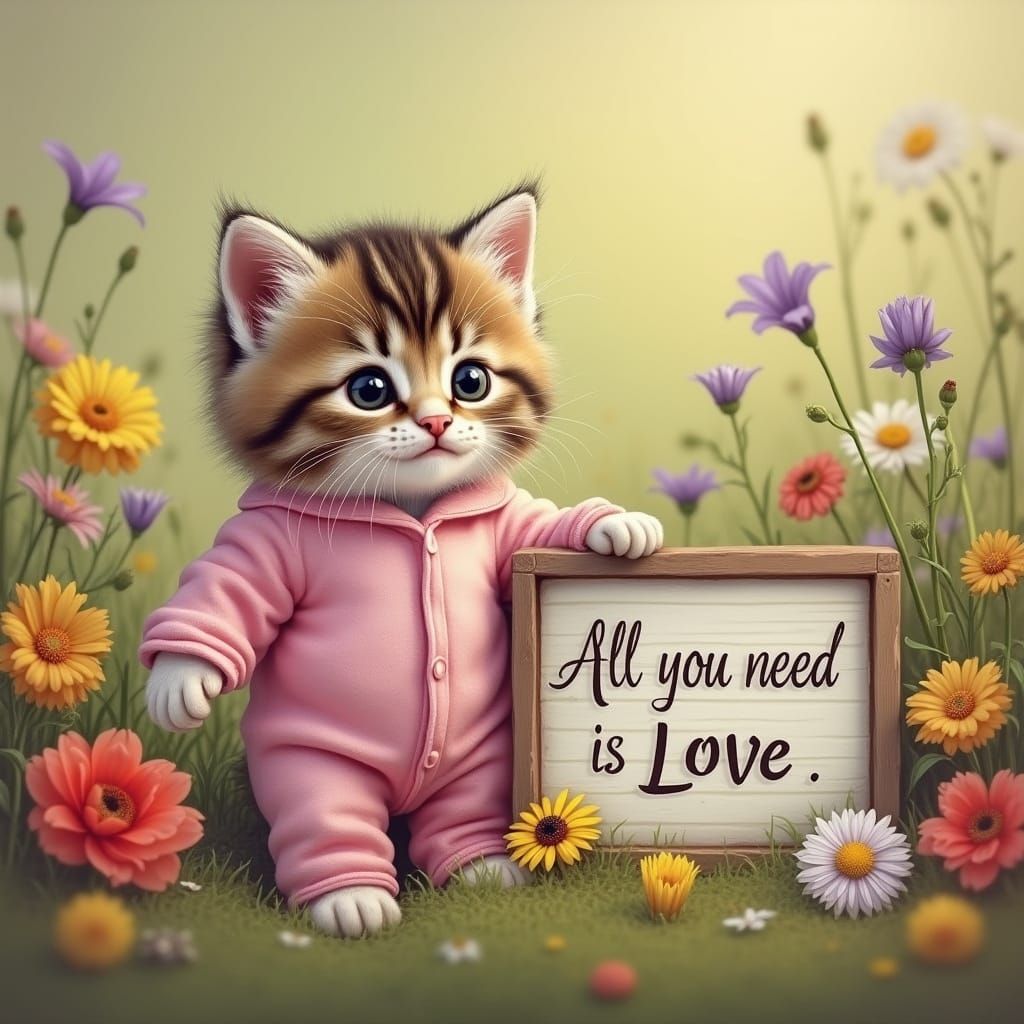 Fluffy Kitten in Pajamas with Love Sign