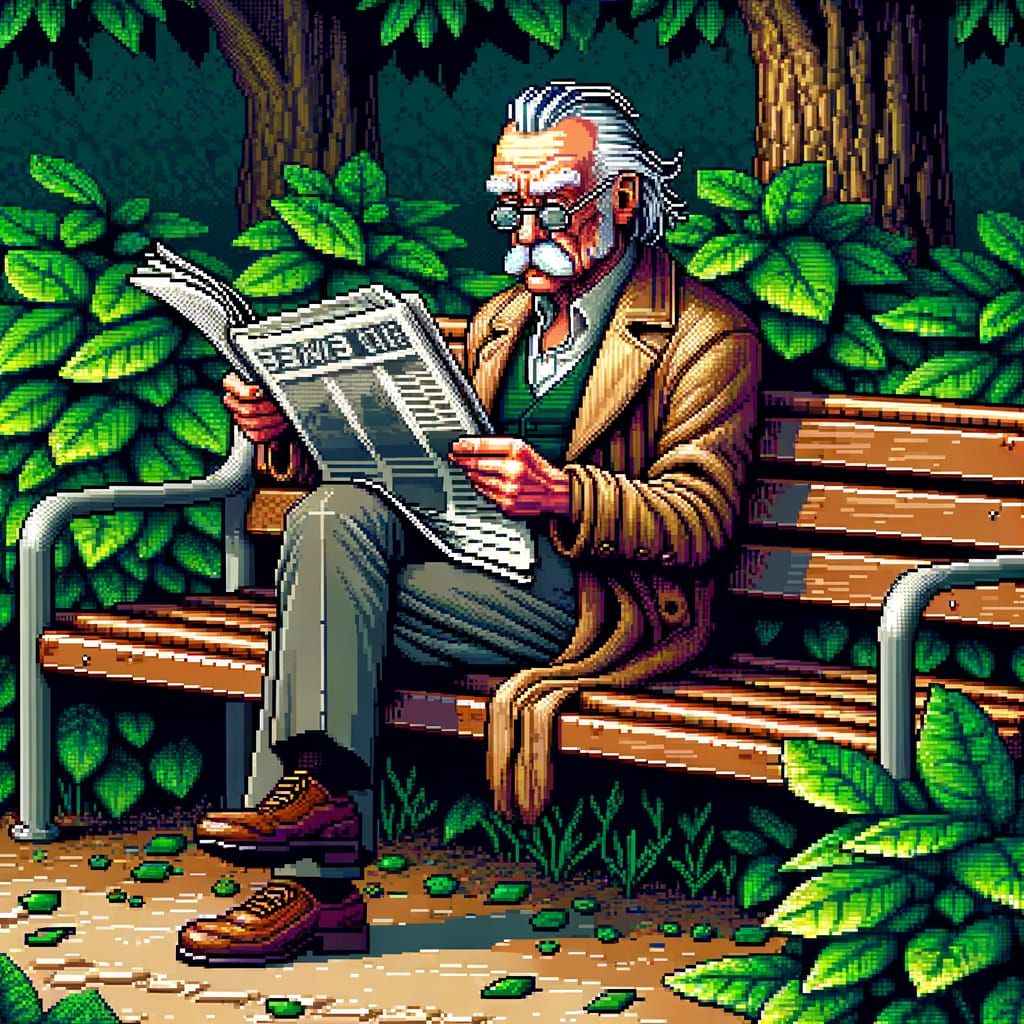 Elderly Man Reading Newspaper in 8-bit Style
