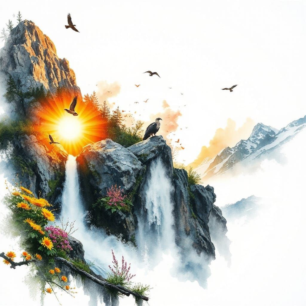 Surreal Alpine Landscape with Condor in Watercolour Style