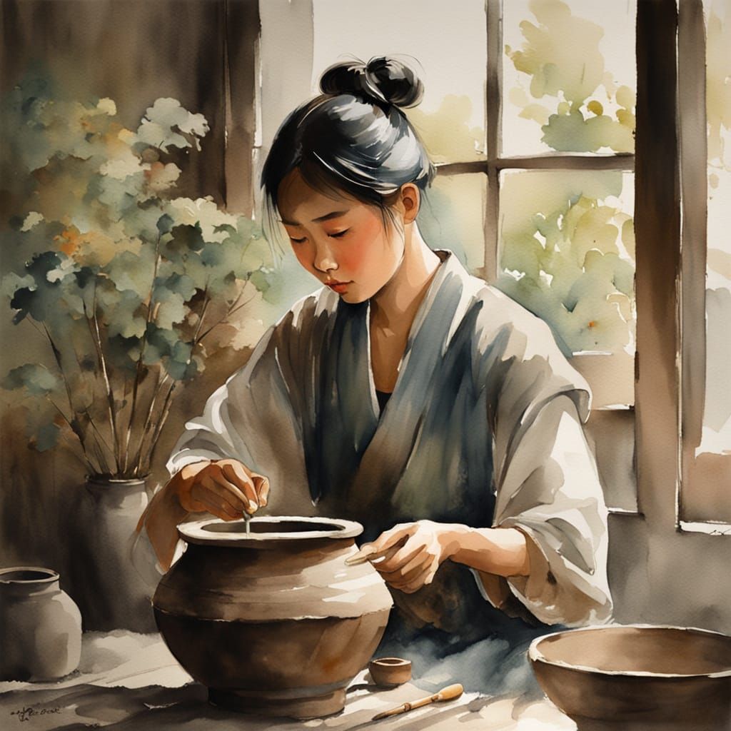 Chinese Girl Creates Delicate Clay Pot in Traditional Worksh...
