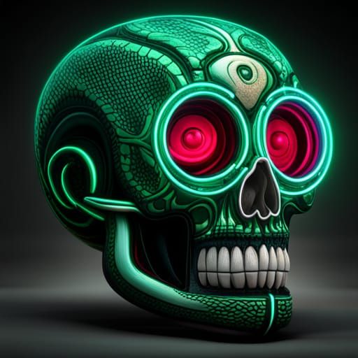 perfect emerald glass  skull with snake skin ,ruby eye,emerald glowing neon eye, magenta, uhd,perfect detail ,fine textu...