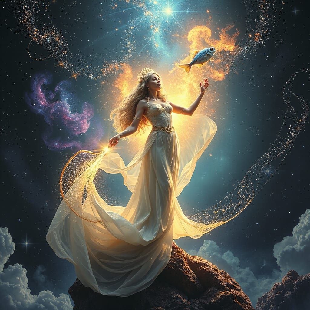Celestial Goddess Fishing in Cosmic Nebula
