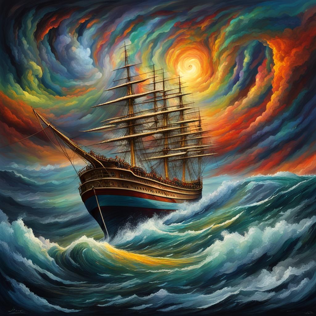 Ship Navigating a Stormy Vortex of Color