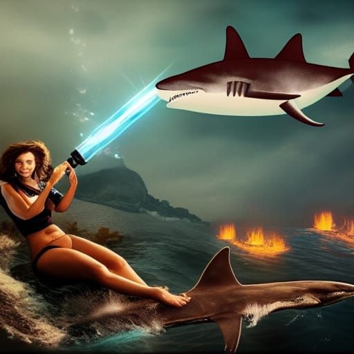 Woman Riding Shark Through Lava: Epic Digital Art