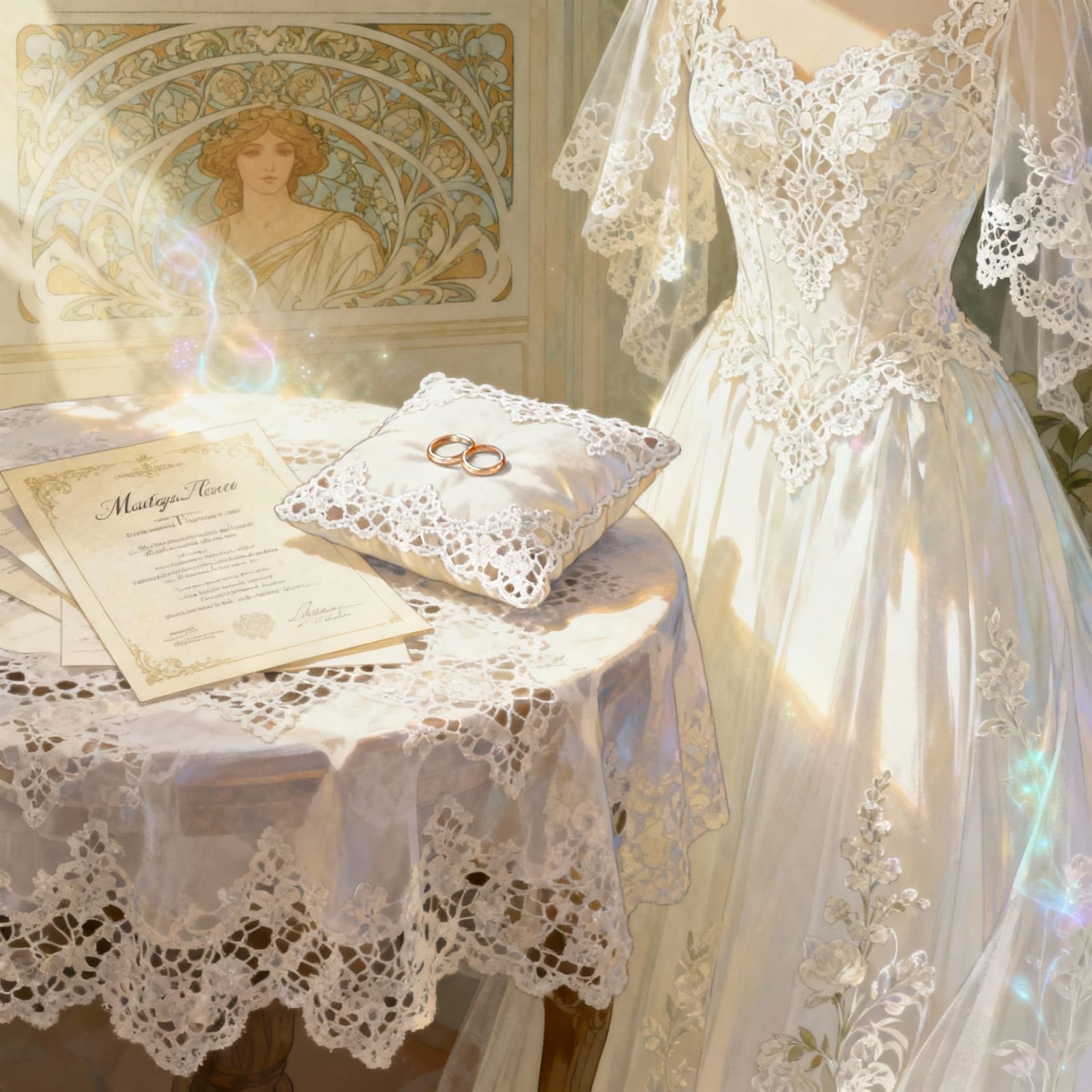 Elegant Wedding Lace Details with Rings and Dress