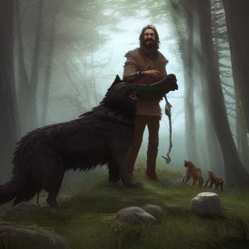 Druid and Dire Wolf Portrait in Dynamic Lighting