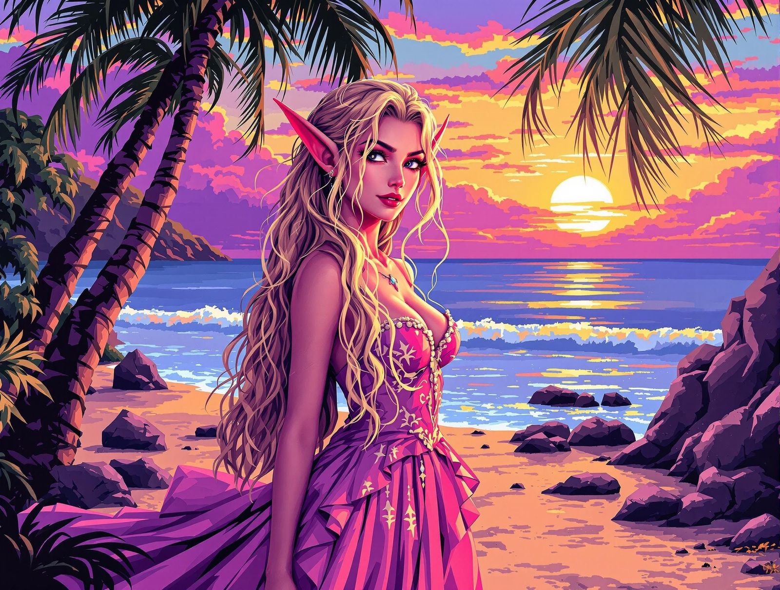 Classic Video Game Style Female Elf in Evening Gown, Beach S...